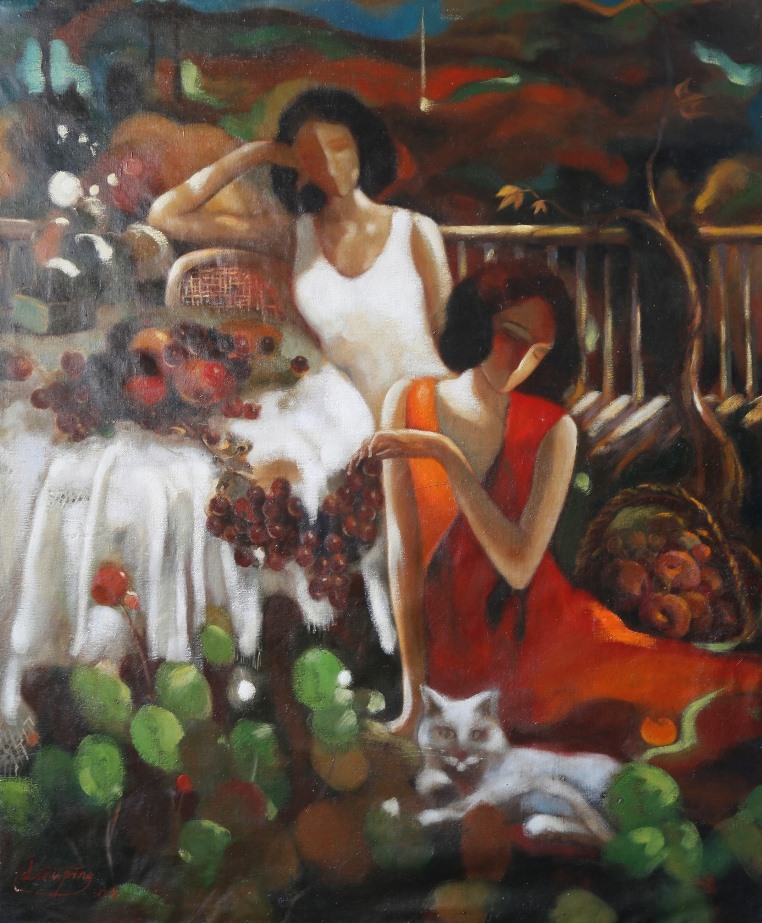 《山前庭院》作者：李旭萍、油画、98x117、亚麻布面、表现写意、人物、2004年作价格2000元.jpg